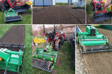 Wyравnianie posesji pod trawnik rolowy z użyciem specjalistycznego sprzętu.