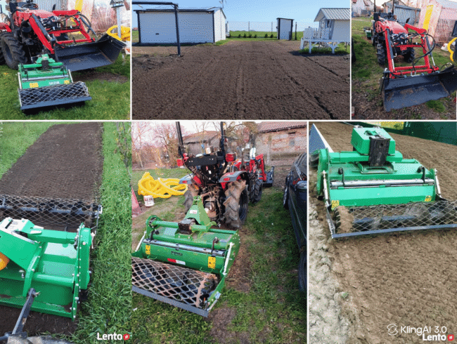 Wyравnianie posesji pod trawnik rolowy z użyciem specjalistycznego sprzętu.