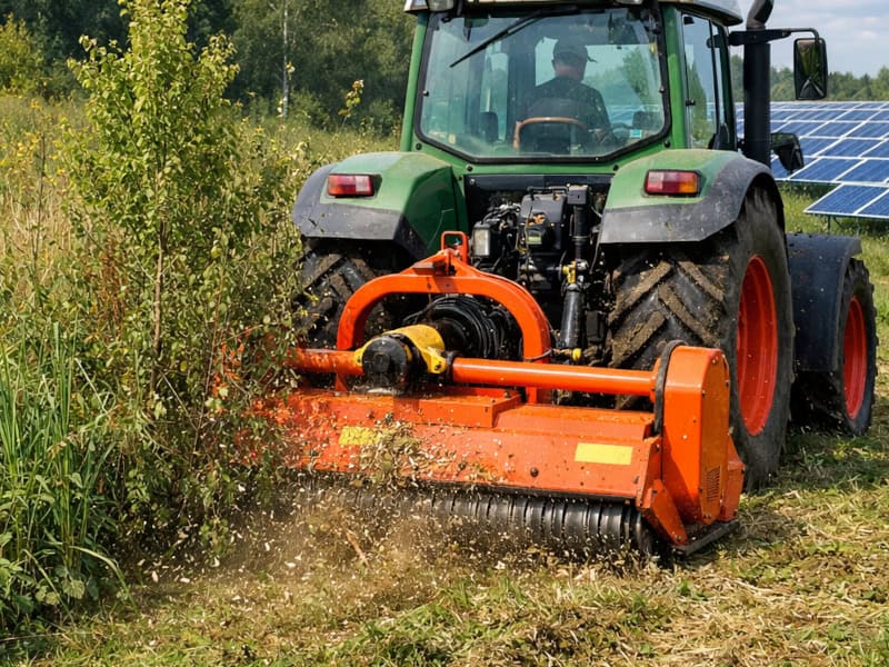 Kosiarka bijakowa ciągnikowa — zbliżenie na bijaki mulczujące roślinność