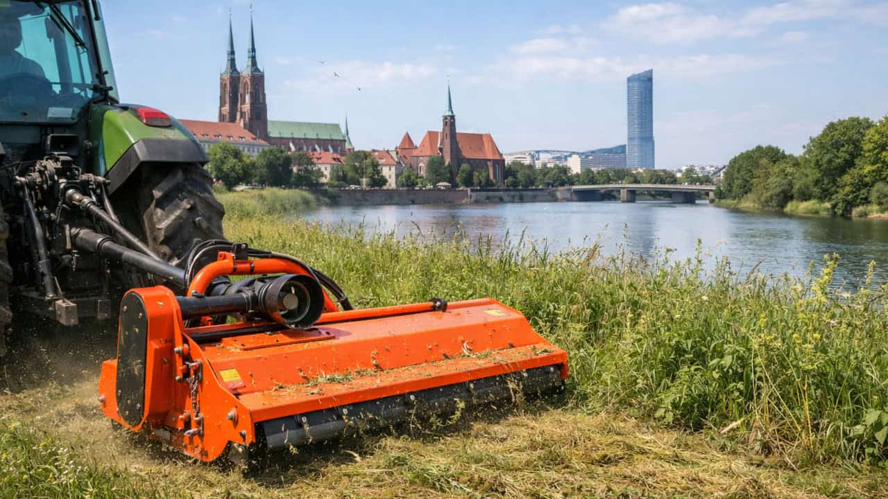 Film — kosiarka bijakowa w akcji, koszenie nieużytków Wrocław
